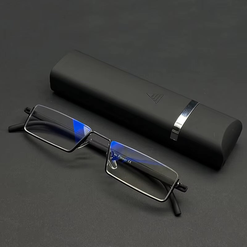 Metal Anti-Blue Light Reading Glasses Men Half Frame Prescription Eyeglasses Male Eyewear with Case +1.0 1.5 2.0 2.5 3.0 3.5 4.0